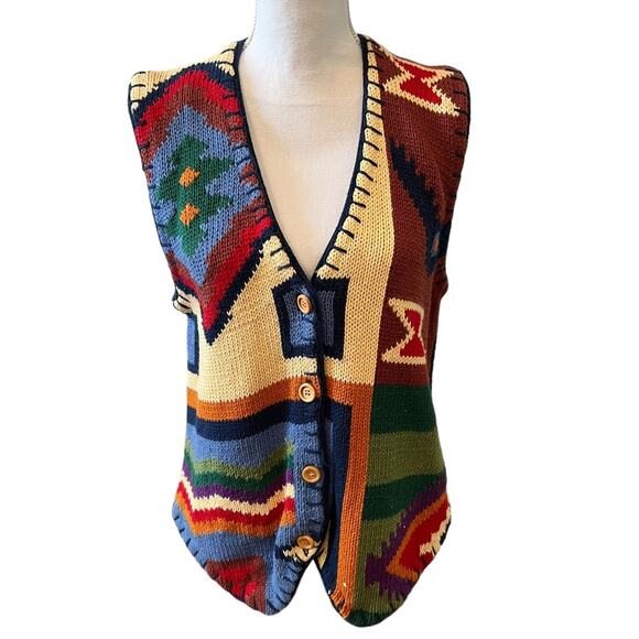 Vintage Southwestern Aztec Print Ramie Cotton Hand Knit Vest - Picture 1 of 7